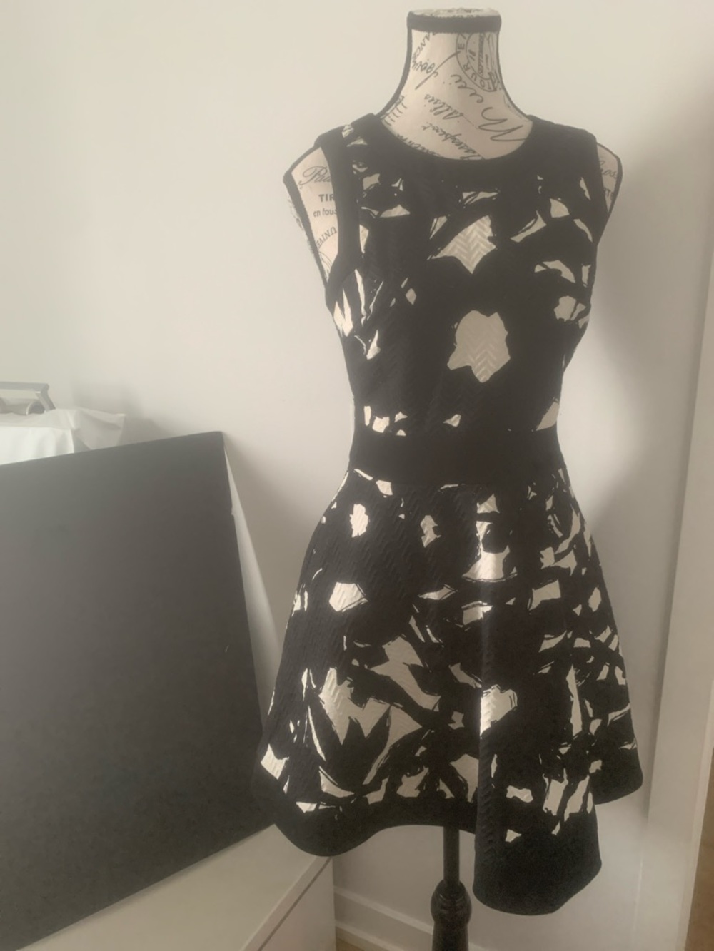 Banana Republic Black and Cream Floral Cutout Fit & Flare Dress
